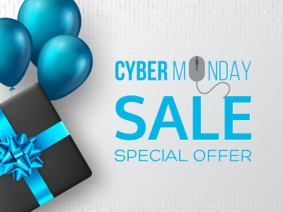 Cyber monday sale poster or banner. 3d art balloons blue code cyber monday gift box glossy sale