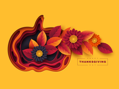 Happy Thanksgiving holiday design. 3d art abstract autumn flyer flowers greeting holiday layered leaves paper craft papercut pumpkin shape layers thanksgiving day vector yellow logo