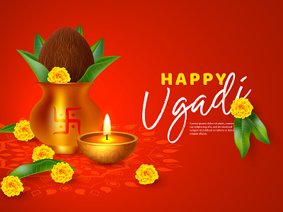 Happy Ugadi holiday composition - Hindu New Year festival. 3d blessing coconut design festival hindu holiday illustration indian kalash new year pooja realistic red religion traditional ugadi vector