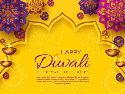Diwali - festival of lights composition 3d abstract design diwali diya festival fire holiday lights oil lamp papercut purple rangoli vector yellow