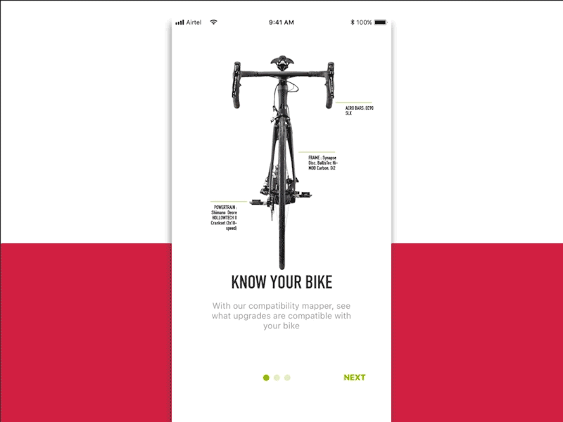 Onboarding for cycle maintenance bianchi bike cycling experience design gif ios iphone maintenance merida mobile onboarding prototype road bike shimano spare parts trek ui ui ux ui ux design