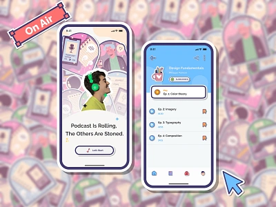 Podcast App Exploration - Sticker UI style 2d app branding design graphic design illustration mobile neubrutalism sticker sticker ui stickers ui ui design ui inpiration ui sticker uidaily uidesign uiux ux vector