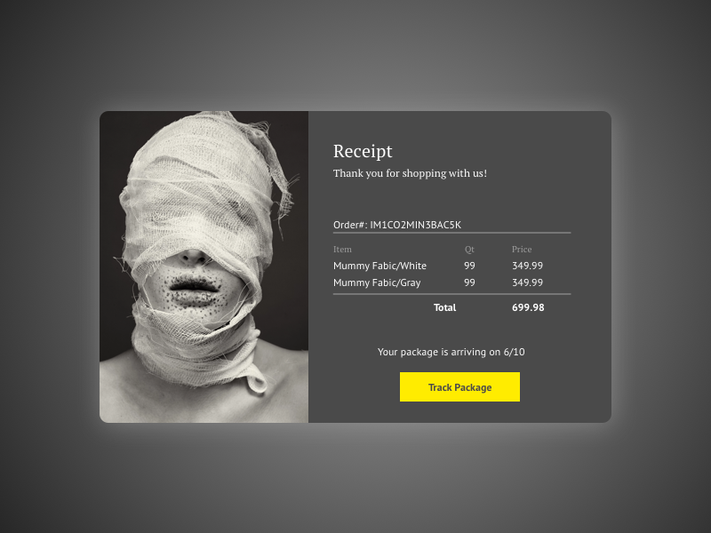 Daily UI 017: Email Receipt mummy package track dailyui017 email design email receipt website design sketch uidesign ui dailyuichallenge dailyui