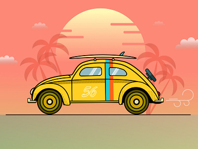 VW Beetle in sun rise car illustration sun rise vector