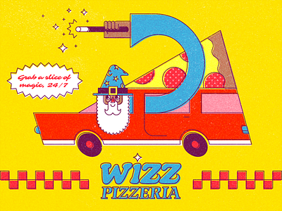 Wizz Pizzeria branding character delivery design graphic design illustration logo pizza shapes vector wizard