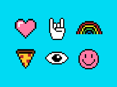 Pixel icon set branding design devil horns eye graphic design heart iconography icons icons set illustration love pizza rainbow shapes smiley vector web