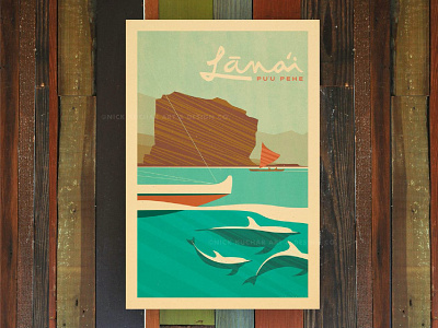 Lanai aloha dolphins hawaii illustration ocean outrigger canoe retro vintage