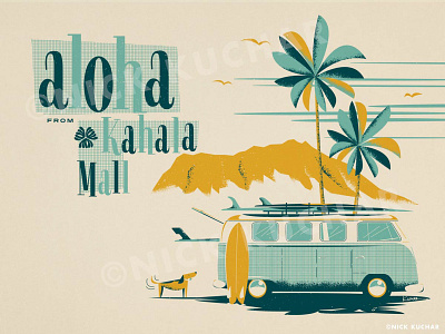Aloha from Kahala Mall aloha diamond head dog hawaii illustration surf surf art surfboard vintage vw bus