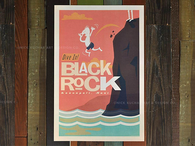 Black Rock aloha black rock cliff jump dive hawaii illustration maui midcentury modern vintage waves