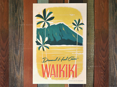 Diamond Head Crater beach diamond head hawaii illustration oahu palm trees vintage waikiki