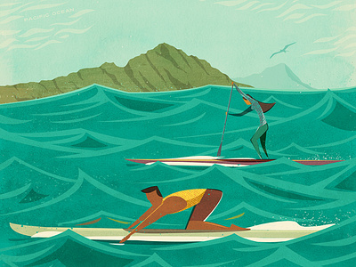 Moloka'i 2 Oahu aloha hawaii illustration molokai oahu ocean paddleboard vintage waves