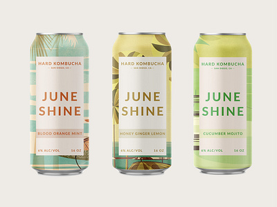 June Shine Cans aloha beach branding california can hawaii illustration kombucha packaging palm trees surf surf art surfboard vintage waves