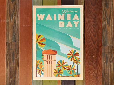 Winter At Waimea aloha beach hawaii illustration oahu ocean palm trees surf surf art vintage waves