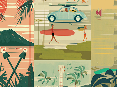 Kalakaua Avenue aloha beach bug dog hawaii illustration man midcentury modern oahu palm trees surf surf art surfboard surfboards vintage vw woman