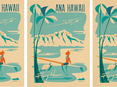 Flying Honu aloha diamond head hawaii illustration oahu print surf art surfboard surfer surfers travel turtle vintage waikiki