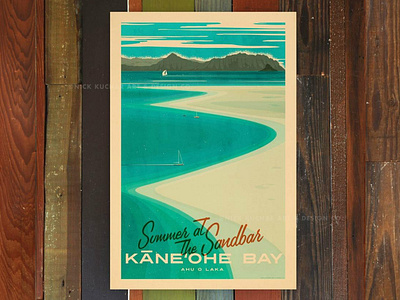 Kane'ohe Bay beach hawaii illustration oahu ocean print retro sailboat sand sandbar surf travel vintage waves