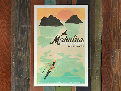 Mokulua Islands aloha canoe hawaii illustration island oahu print reflection retro sunset travel vintage