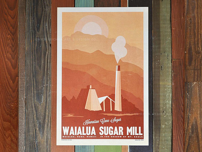 Waialua Sugar Mill hawaii illustration mill mountains oahu print retro sugar mill travel vintage