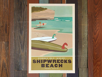Shipwrecks Beach beach hawaii illustration kauai ocean print retro surf surf art surfboard vintage waves