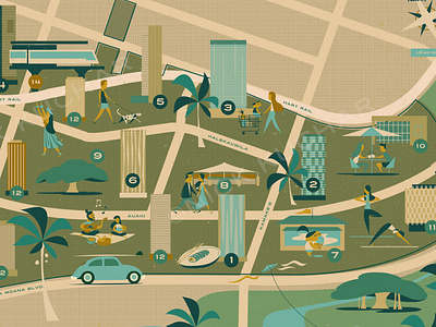 Ward Village Map city illustration map palm tree print retro streets urban vintage