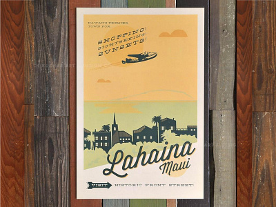 Lahaina Town airplane aloha hawaii illustration lahaina maui print retro town travel vintage