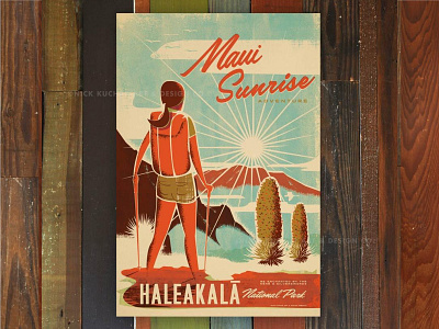 Maui Sunrise haleakala hawaii illustration maui mountain national park print retro sunrise travel vintage