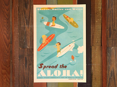 Spread The Aloha aloha hawaii illustration ocean print retro surf surf art surfboard vintage waves