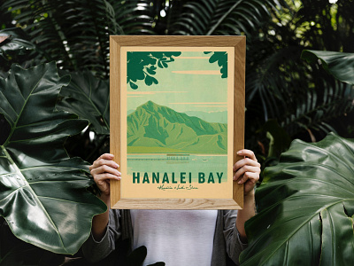 Hanalei Bay aloha bay dock hawaii illustration kauai mountains print retro surf art vintage