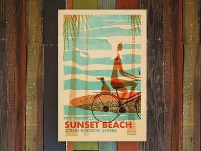 Sunset Beach Wahine aloha beach beach town dog haleiwa hawaii illustration oahu print retro surf surf art surfboard vintage woman