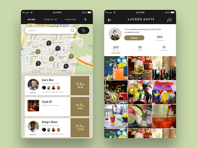 BarTender App UI app bar beer club darkgrey ios map night pin profile ui wine