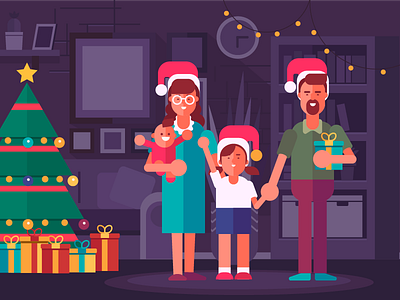 Christmas Family Scene christmas card design flat design illustration vector