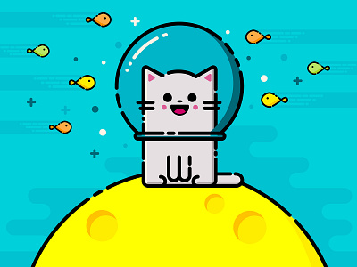 Happy cat blue cat cheese fish flat illustration moon underwater vector vectorillustration yellow