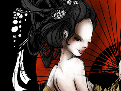Geisha - Work in Progress colors drawing elegant eyes face fan geisha girl illustration japan paint photoshop pinup red sexy woman