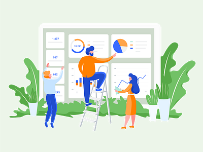 Teamwork analysis business characters collaboration dudes illustration landing page office people table team working