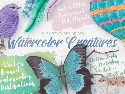 50% Off Watercolor Creatures! clipart creatures drawn hand illustration patterns seamless shapes styles textures vector watercolor