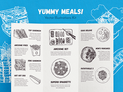 Yummy Meals! cafe delicious food free freebie graphic pack illustration meals menu restaurant vector