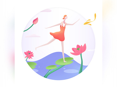 The girl dancing on the lotus leaf blue dancing fashion festival flower bud girl green illustration lotus lotus leaf nature orange pink purple red river water solar term summer solstice