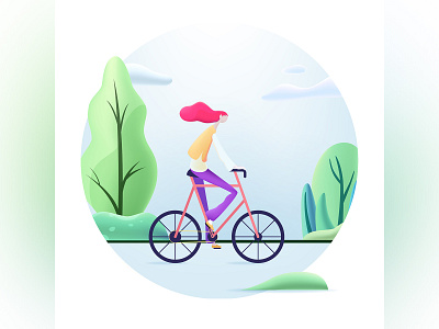 A girl on a bicycle spring outing blue cycling fashion girls green hand painted illustration landscape leisure natural park purple rain spring outing vitality yellow