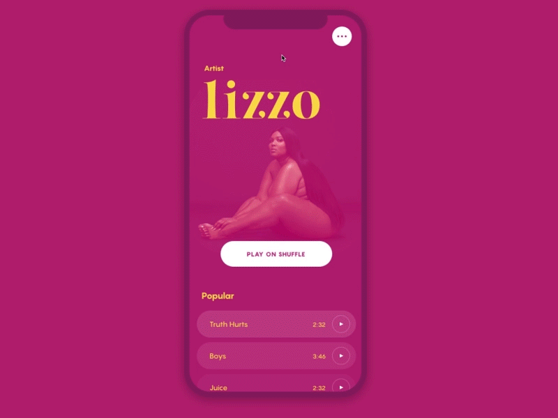 Lizzo Artist Detail Page app design artist detail page interactive design lizzo lizzo design more button music music app music artist music design pink side menu