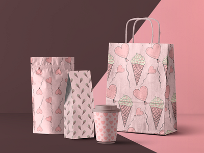 Hearts&Sweets Package Set bag branding cofee coffee cup craft cup cute design flat heart ice cream illustration package pattern pink style vector