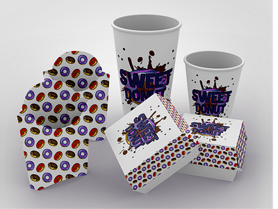Sweet donut package pack box box design branding cofee coffee cup cup design donut donuts flat illustration package pattern purple style sweets typography vector violet