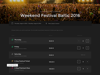 Ticket system for Weekend Festival checkout music purchasing tickets ui