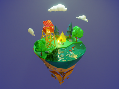 Spring Camp 3d b3d blender camp floatingisland illustration polygonrunway spring tent watchtower