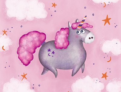 Unicorn bliss children book illustration cute fantasy illustration kid illustration pink pop purple sky spring stars unicorn unicorn drawing