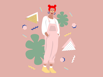 90s girl 1990s 90s design body dungarees fashion geometric ginger girl illustration graphic design pastel colors pink red head sunglasses teenager look vector woman
