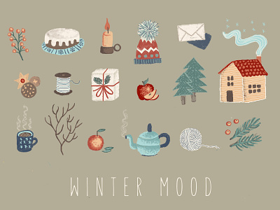 Winter mood beige blue cake candle card christmas cookies cup of coffee gift box green home illustration knitting orange red teapot textures trees warm winter