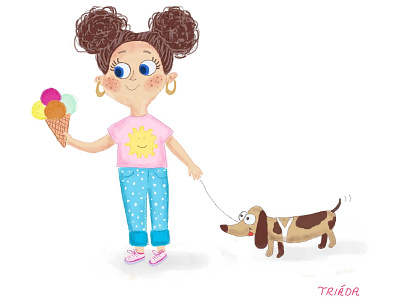 Girl With Ice-cream 80s style blue candy caracter design cute dog fun fun colors girl character happy ice cream illustration illustrator jeans pet pink summer sun t shirt yellow