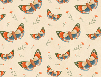 Butterfly pattern blue butterfly flowers green illustration insect nature pattern vintage warm colors