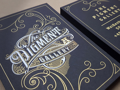 The Pigment Gallery Business Cards black paper business cards handlettering handmade lettering logo logotype print silkscreen sketch tattoo typography
