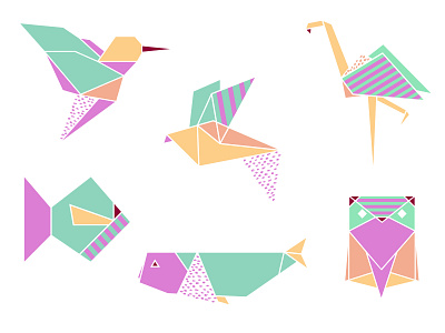 Origami set fish flamingo hummingbird origami whale